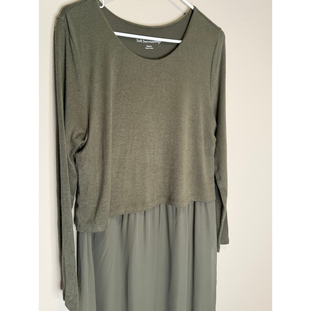 Soft Surroundings Olive Green Layered Maxi Dress Medium Boho Long Sleeve Stretch - Picture 4 of 8